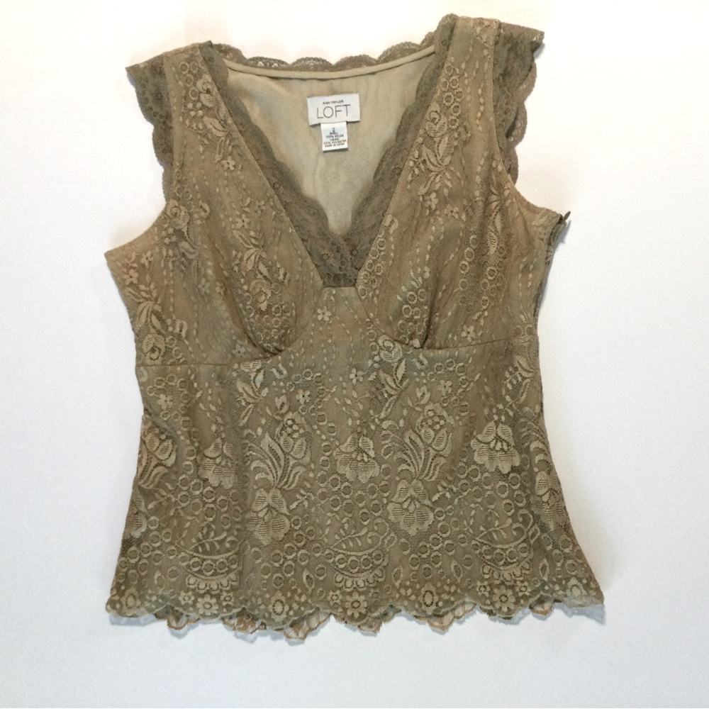 LOFT Vintage Womens Size 2 Tan Fully Lined Lace V-Neck Sleeveless Top